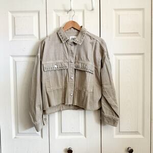 Women's Zara Beige Denim Jacket Ring Detail XS